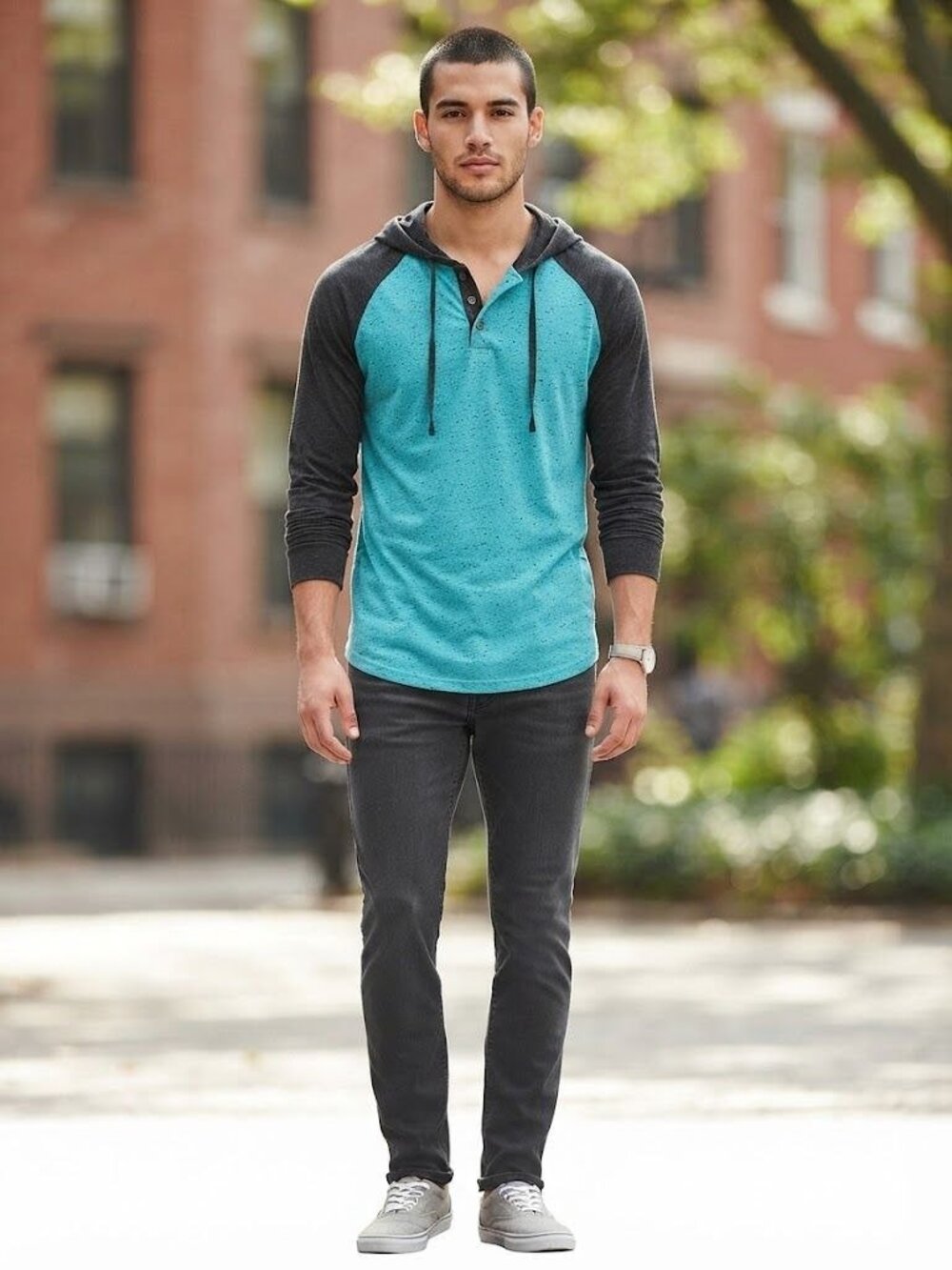Aeropostale Mens Blue & Gray Long Sleeve Hooded Henley Top S